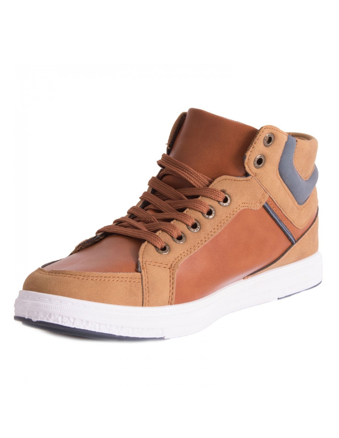 Baskets homme montantes en simili cuir marron semelle blanche