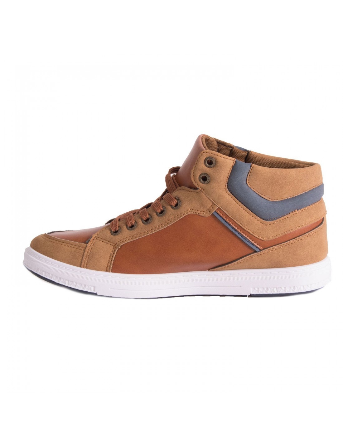 Baskets homme montantes en simili cuir marron semelle blanche