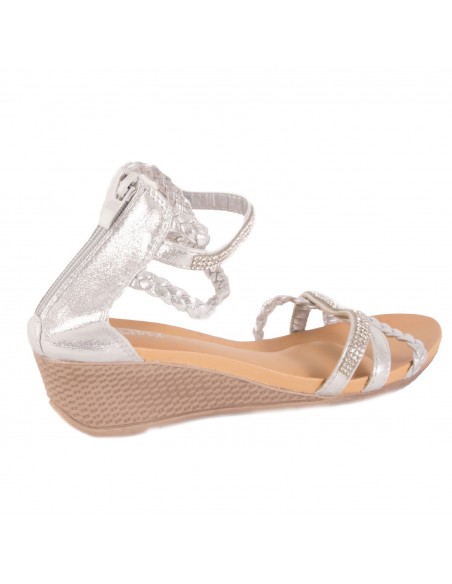 Sandales femme compensées petit talon bride cheville tressée & strass pas cher