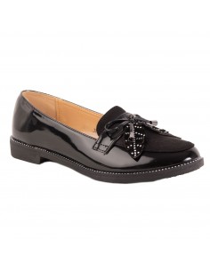 Mocassins femme vernis à franges et feuilles strass bouts pointus simili cuir et suédine semelle cuir