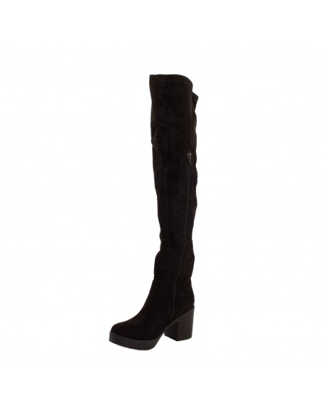 Cuissardes femme à talon et semelle plateforme en daim noir semelle crantée