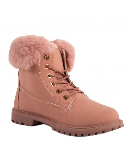 Bottines femme rangers fourrées & revers fourrure synthétique en simili cuir camel - noir - blanc