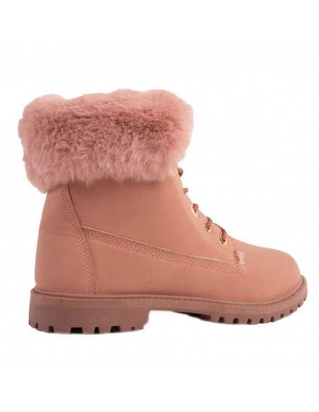 Bottines femme rangers fourrées & revers fourrure synthétique en simili cuir camel - noir - blanc