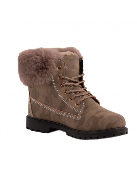 Bottines femme rangers fourrées & revers fourrure synthétique en simili cuir camel - noir - blanc