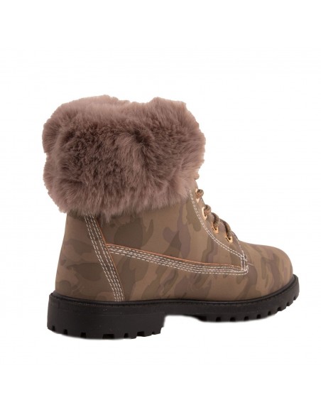 Bottines femme rangers fourrées & revers fourrure synthétique en simili cuir camel - noir - blanc