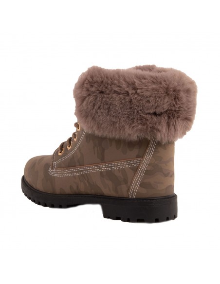 Bottines femme rangers fourrées & revers fourrure synthétique en simili cuir camel - noir - blanc