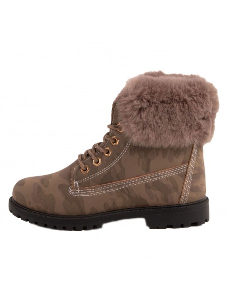 Bottines femme rangers fourrées & revers fourrure synthétique en simili cuir camel - noir - blanc