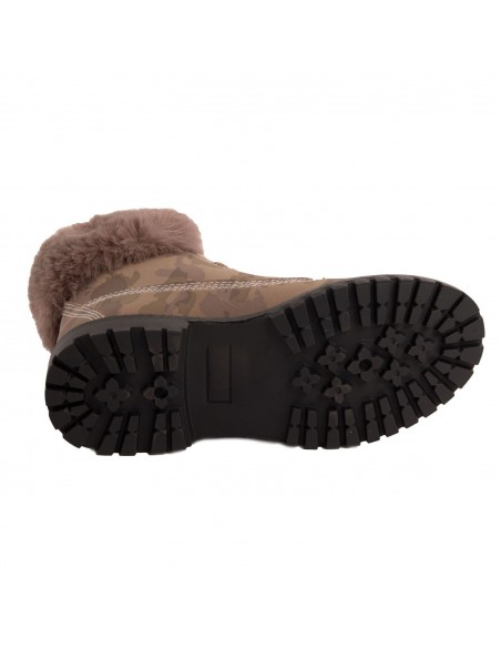 Bottines femme rangers fourrées & revers fourrure synthétique en simili cuir camel - noir - blanc