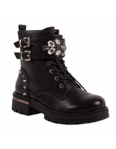 Bottines rangers à perles femme style motarde à bride avec perles nacré en simili cuir noir Bottines rangers à perles femme style motarde à bride avec perles nacré en simili cuir noir