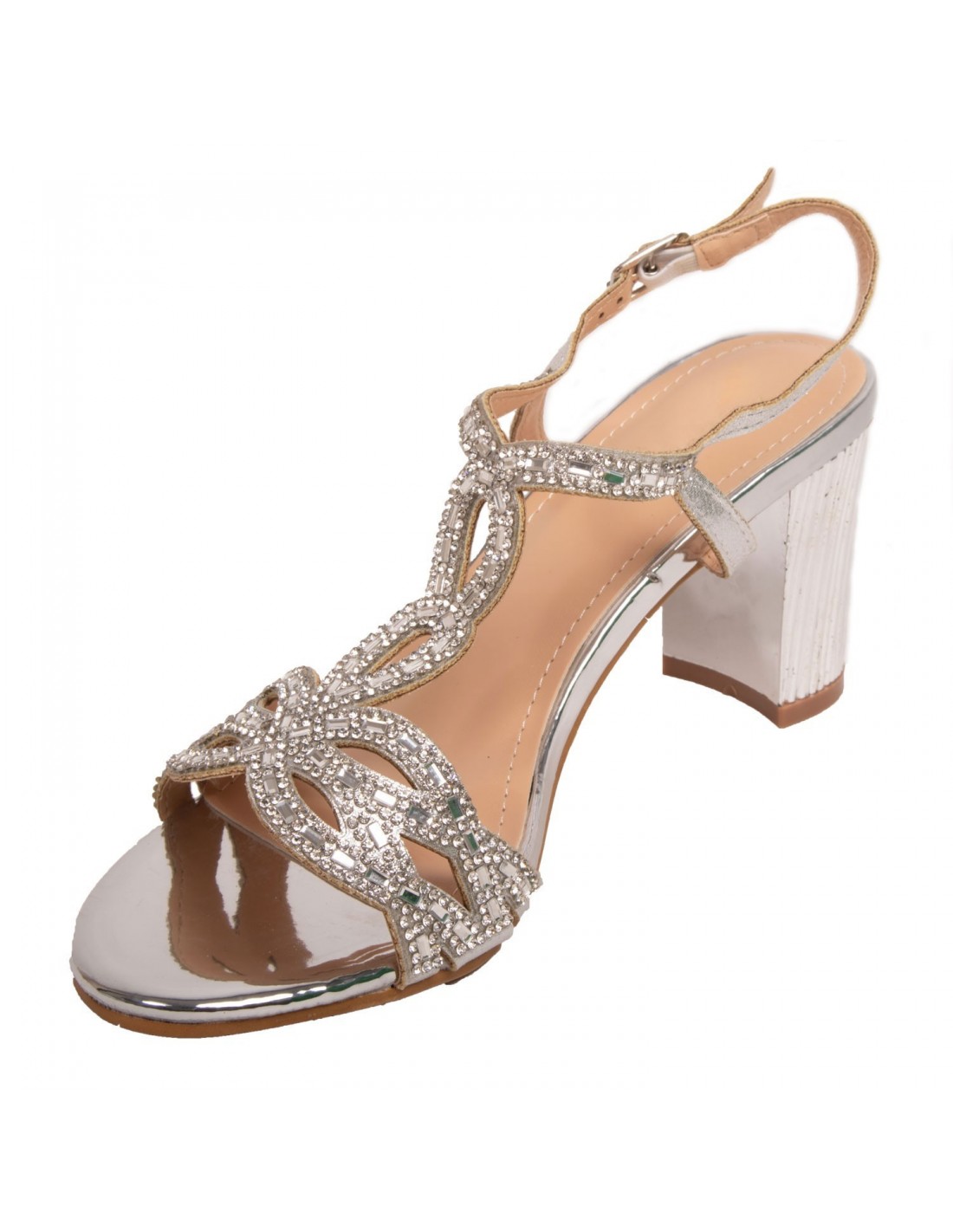 Sandales Mariage Femme argentée Strass Bijoux cérémonie Petit Talon carré 6cm
