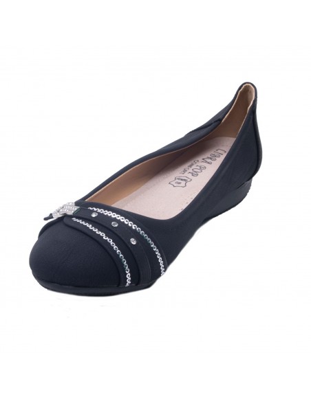 Ballerines noires souples semelle intérieure cuir & boucle décorative argentée strass