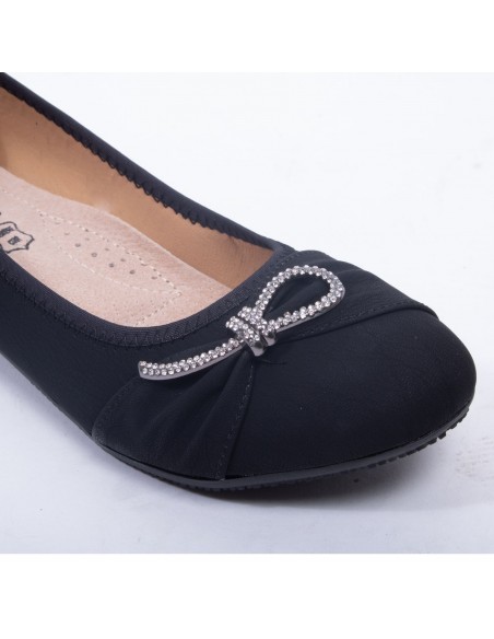 Ballerines noires souples semelle intérieure cuir & boucle décorative argentée strass