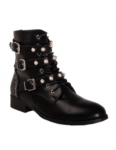 Bottines rangers à perles femme style motarde à bride avec perles nacré en simili cuir noir Bottines rangers à perles femme style motarde à bride avec perles nacré en simili cuir noir