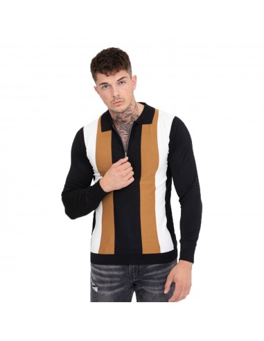 Pull homme col polo fermeture zip rayures verticales Pull homme col polo fermeture zip rayures verticales
