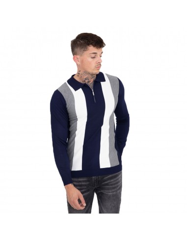 Pull homme col polo fermeture zip rayures verticales Pull homme col polo fermeture zip rayures verticales