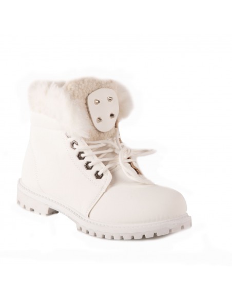 Bottines femme rangers fourrées & revers fourrure synthétique en simili cuir camel - noir - blanc