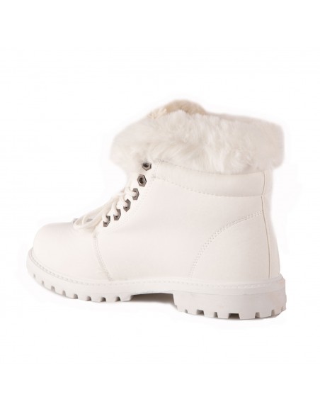 Bottines femme rangers fourrées & revers fourrure synthétique en simili cuir camel - noir - blanc