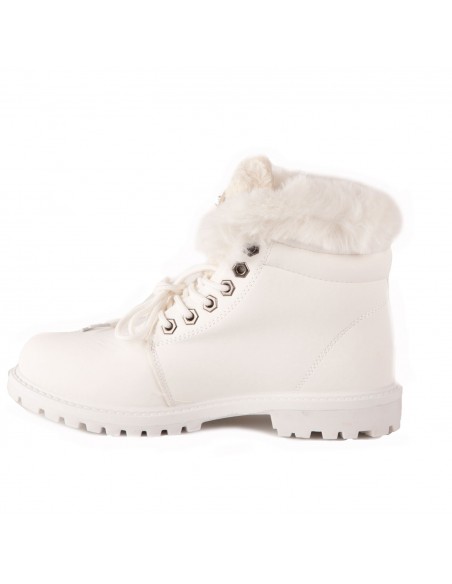 Bottines femme rangers fourrées & revers fourrure synthétique en simili cuir camel - noir - blanc