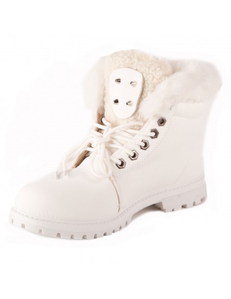 Bottines femme rangers fourrées & revers fourrure synthétique en simili cuir camel - noir - blanc