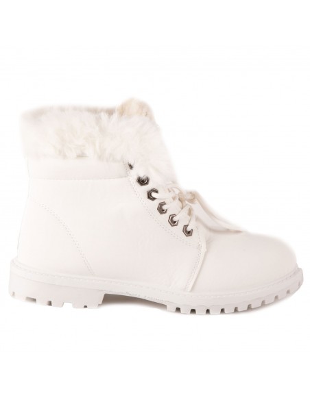 Bottines femme rangers fourrées & revers fourrure synthétique en simili cuir camel - noir - blanc