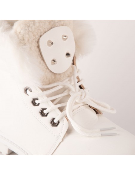 Bottines femme rangers fourrées & revers fourrure synthétique en simili cuir camel - noir - blanc