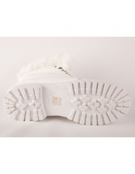 Bottines femme rangers fourrées & revers fourrure synthétique en simili cuir camel - noir - blanc