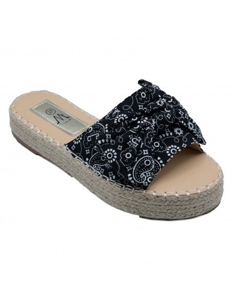 Mules plateforme corde plage femme noeud tissus imprimé motif bandana