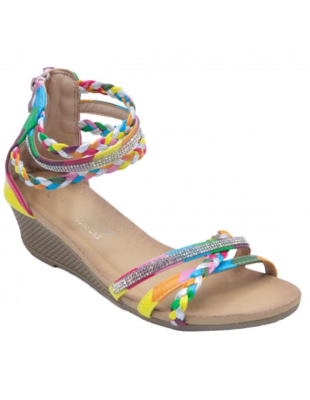 Sandales femme petit talon compensé bride cheville tressée & strass