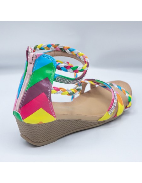 Sandales femme petit talon compensé bride cheville tressée & strass