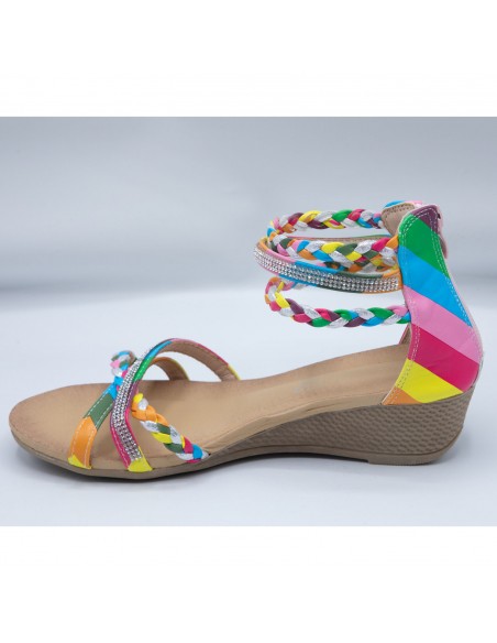 Sandales femme petit talon compensé bride cheville tressée & strass