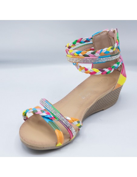 Sandales femme petit talon compensé bride cheville tressée & strass