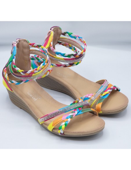 Sandales femme petit talon compensé bride cheville tressée & strass
