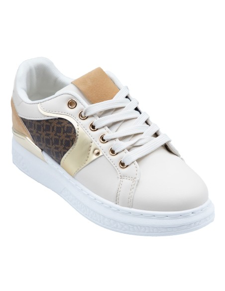 Baskets semi compensées mode femme simili cuir beige empiècement marron & doré