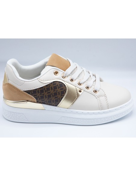 Baskets semi compensées mode femme simili cuir beige empiècement marron & doré