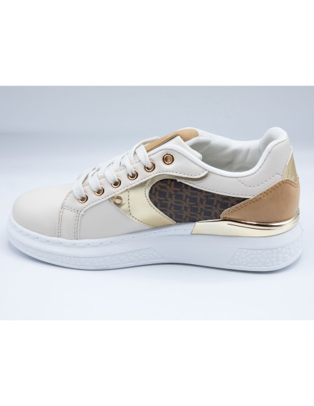 Baskets semi compensées mode femme simili cuir beige empiècement marron & doré
