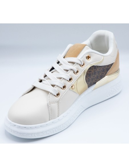 Baskets semi compensées mode femme simili cuir beige empiècement marron & doré