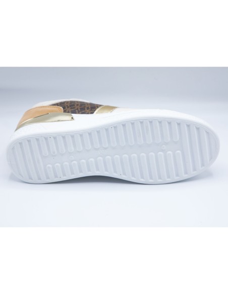 Baskets semi compensées mode femme simili cuir beige empiècement marron & doré