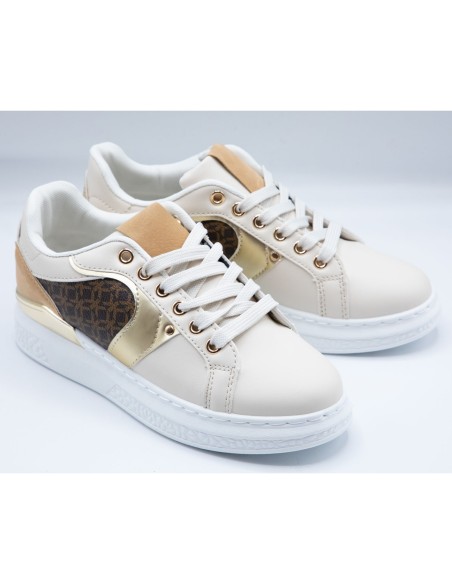 Baskets semi compensées mode femme simili cuir beige empiècement marron & doré