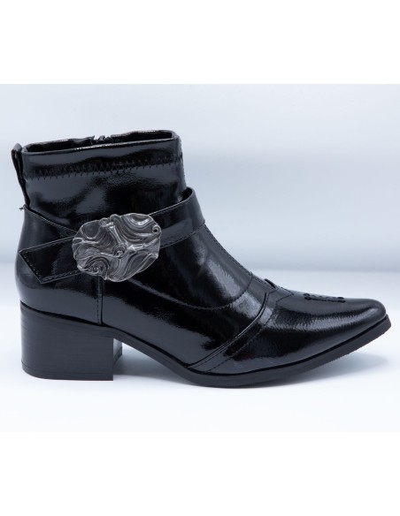 Bottines pointues Femme Noires vernies western style cow-boy avec Boucle Métallique – Chic & Tendance