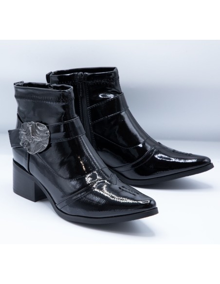 Bottines pointues Femme Noires Vernies Style Santiag Western avec Boucle Métallique – Chic & Tendance