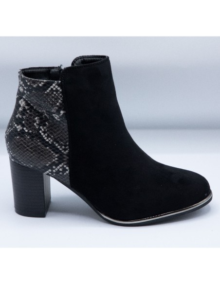 Bottines daim à talons forme pointue empiècement écaille serpent