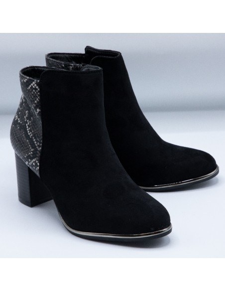 Bottines daim à talons forme pointue empiècement écaille serpent