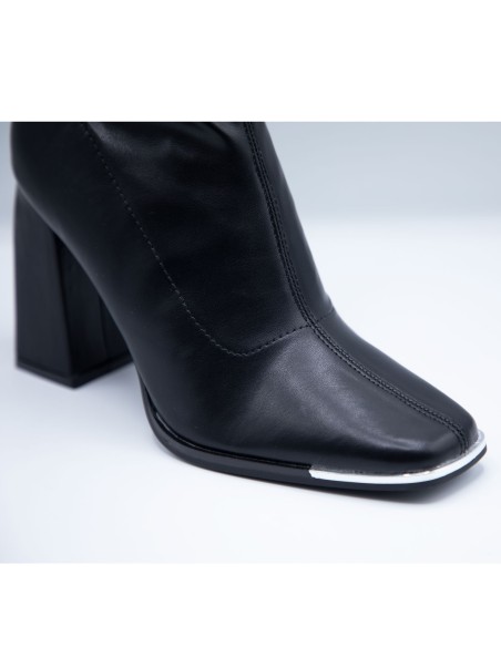 Bottes cuissardes femme chaussettes moulantes en simili cuir noir à talon carré & bout carré