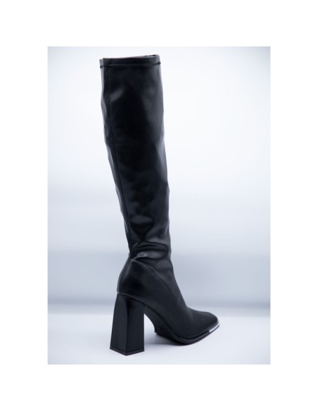 Bottes cuissardes femme chaussettes moulantes en simili cuir noir à talon carré & bout carré