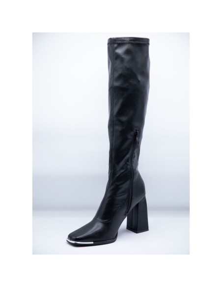 Bottes cuissardes femme chaussettes moulantes en simili cuir noir à talon carré & bout carré