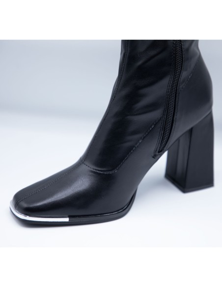 Bottes cuissardes femme chaussettes moulantes en simili cuir noir à talon carré & bout carré