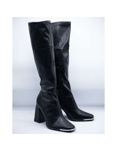 Bottes cuissardes femme chaussettes moulantes en simili cuir noir à talon carré & bout carré
