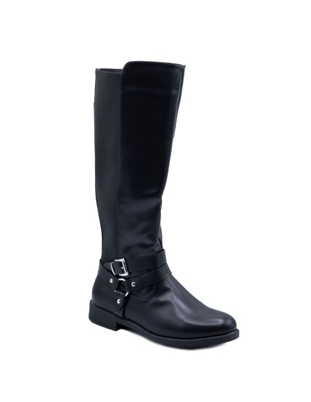 Bottes femme grandes pointures en simili cuir noir lanières argent boucle