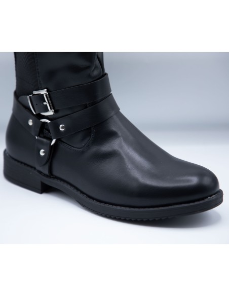 Bottes femme grandes pointures en simili cuir noir lanières argent boucle