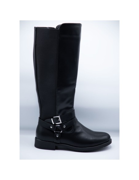 Bottes femme grandes pointures en simili cuir noir lanières argent boucle